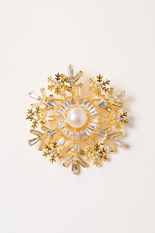 Gold Pavé and Pearl Snowflake Brooch Necklace Set
