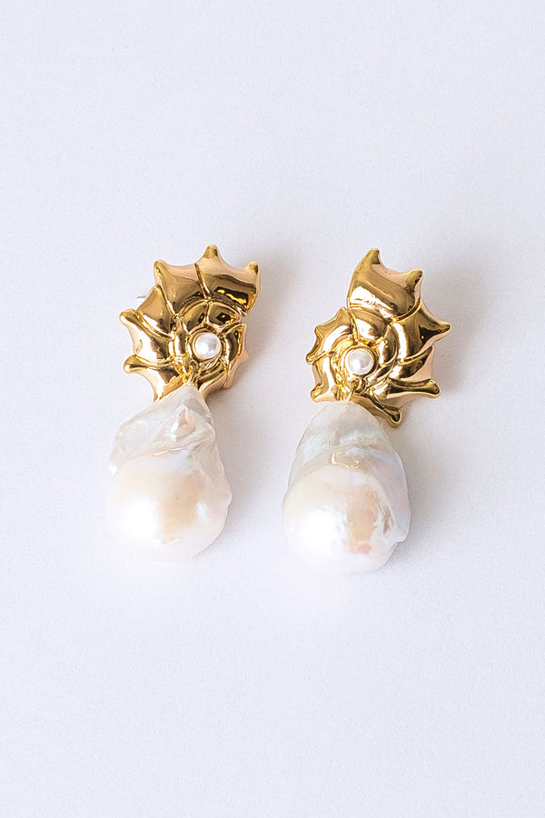 Leah Gold Shell Baroque Pearl Drop Earrings