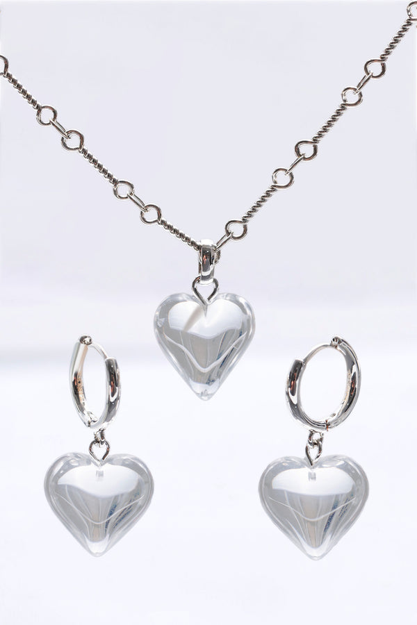 Frost Heart Necklace and Earrings Set in Silver