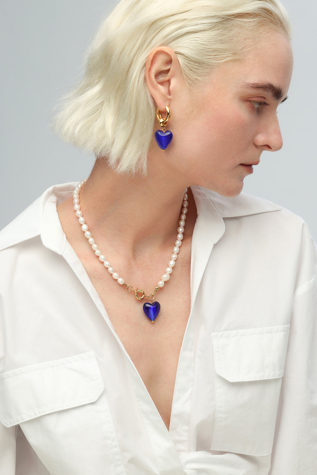 Esmée Blue Glaze Heart Pendant Pearl Necklace and Earrings Set - Classicharms