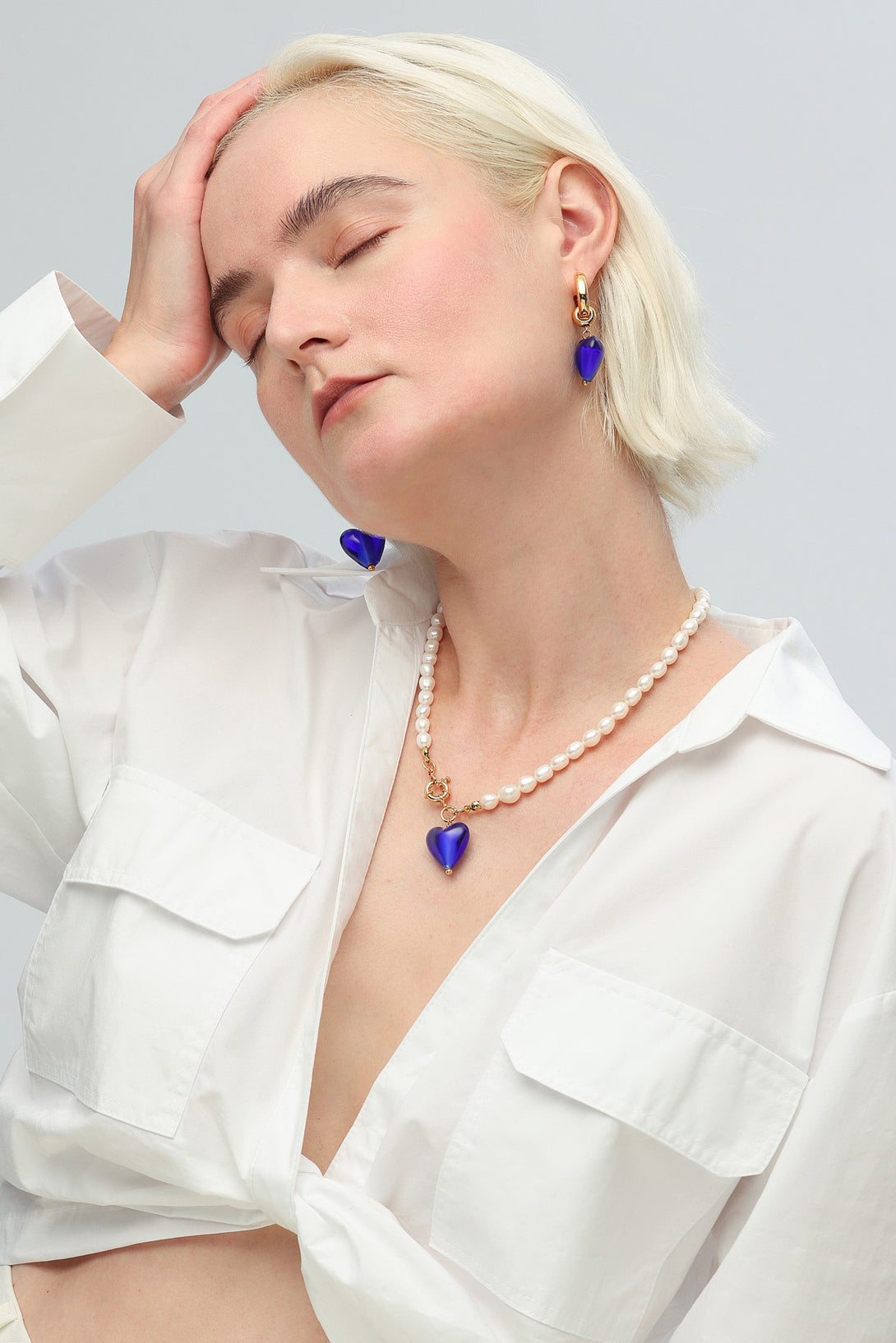 Esmée Blue Glaze Heart Pendant Pearl Necklace - Classicharms