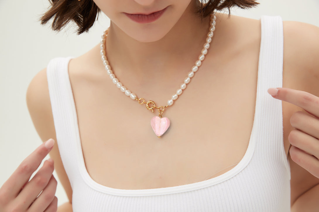 Esmée Pink Glaze Heart Pendant Pearl Necklace - Classicharms