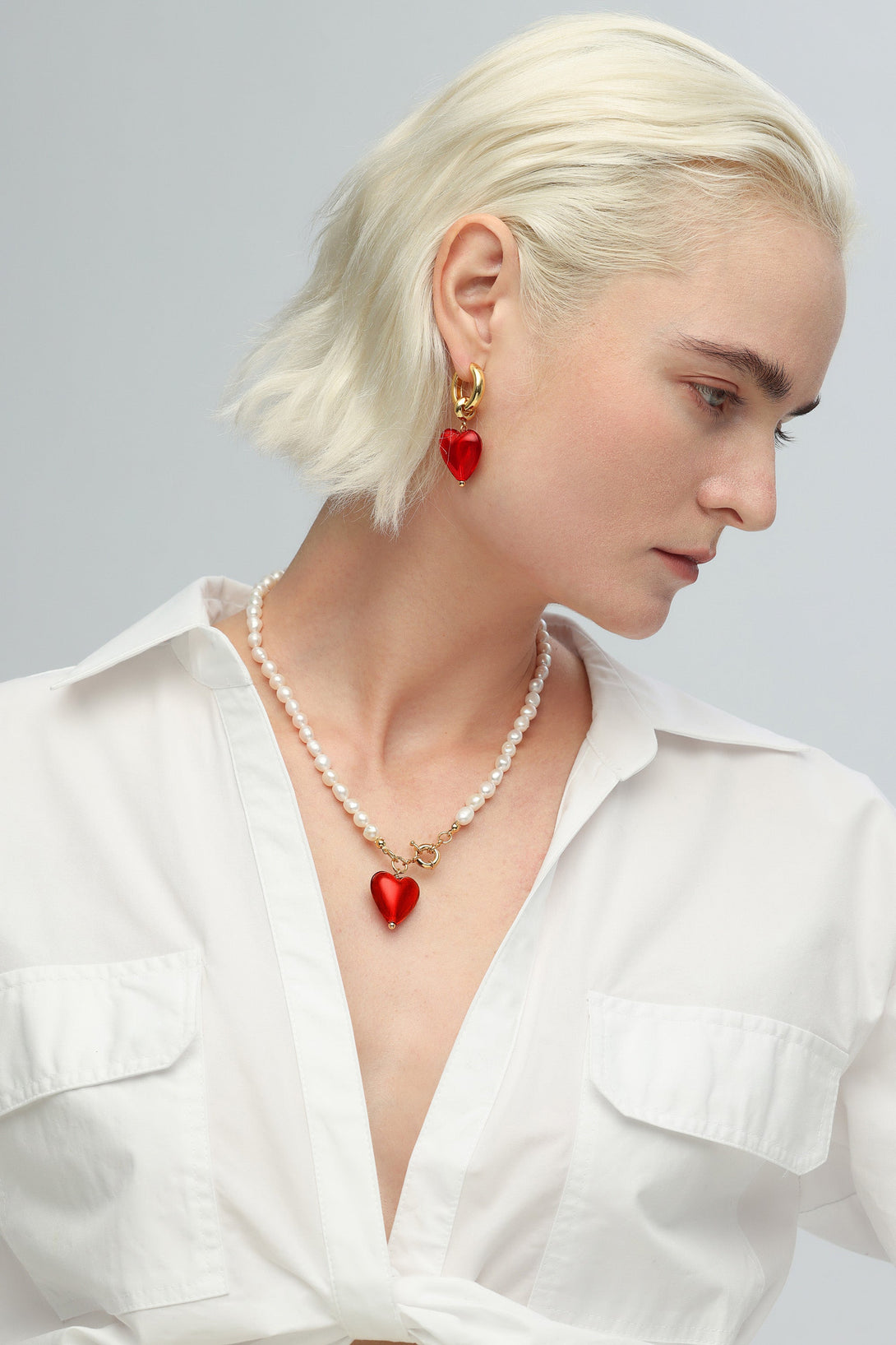 Esmée Red Glaze Heart Pendant Pearl Necklace - Classicharms