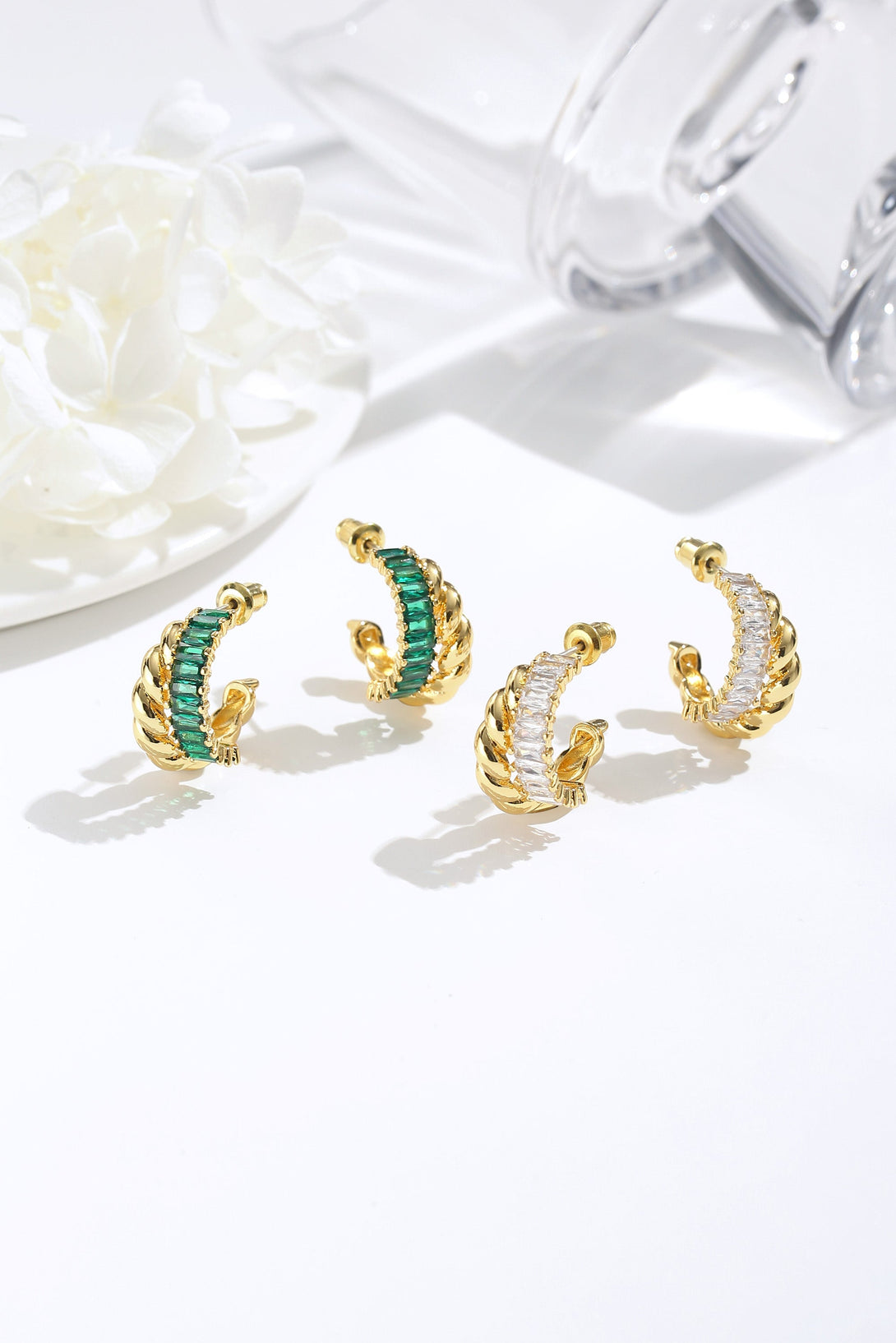 Gold Twisted White Clear Zirconia Hoop Earrings - Classicharms