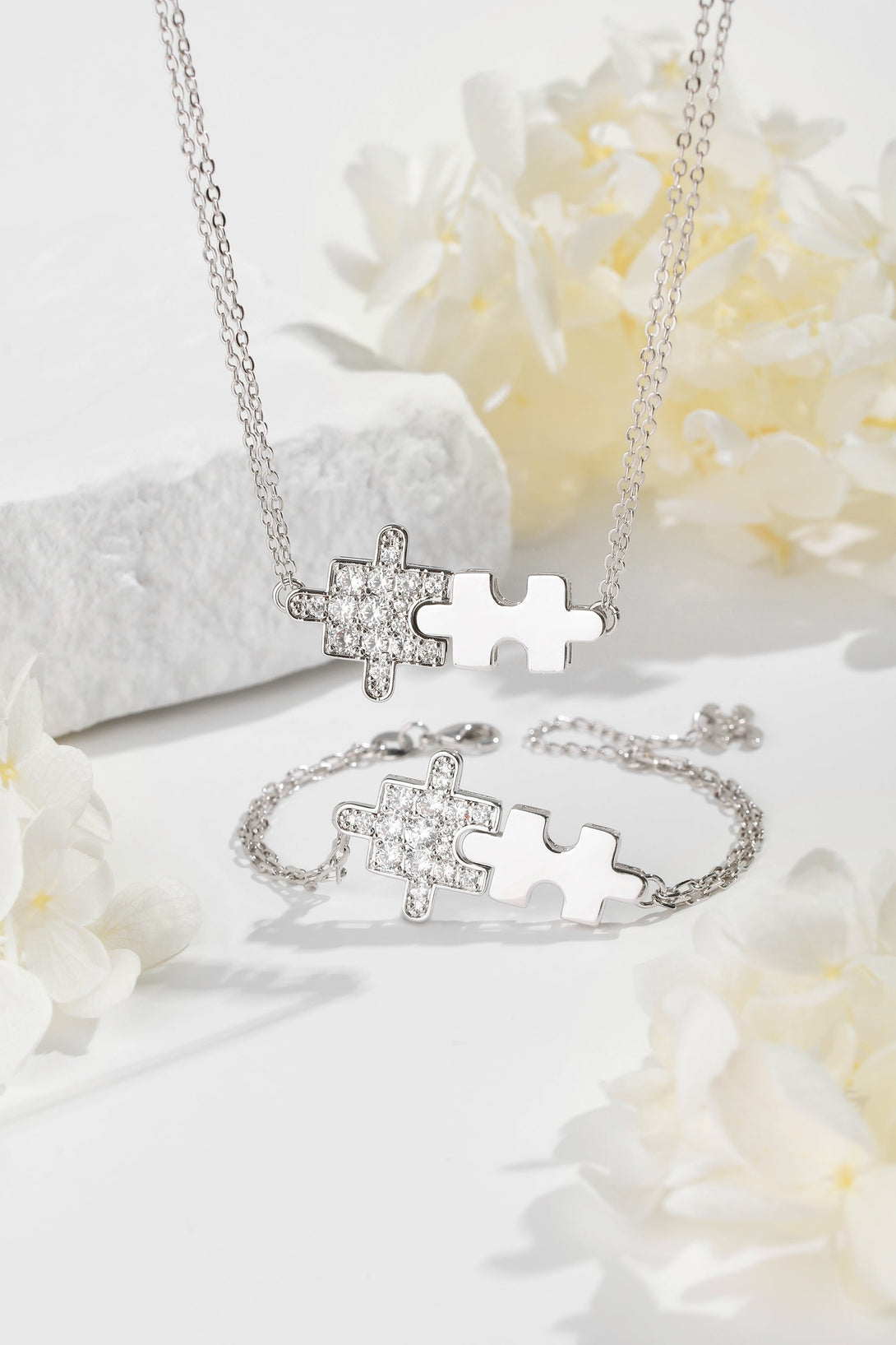 Silver Jigsaw Puzzle Necklace and Earrings Set - Classicharms