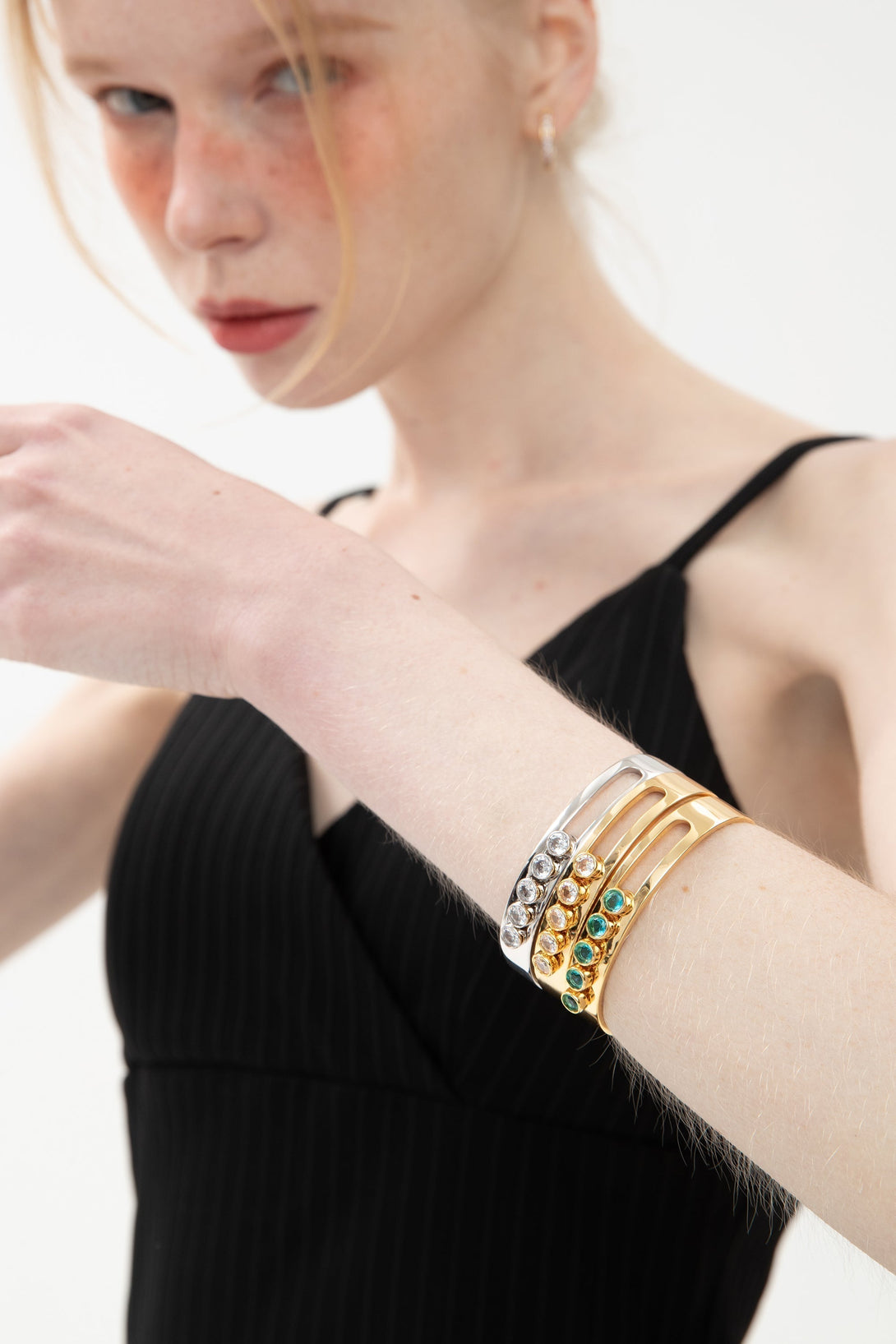 Audrey Gold Twinkling Aquamarine Zirconia Half Crescent Bangle Bracelet - Classicharms