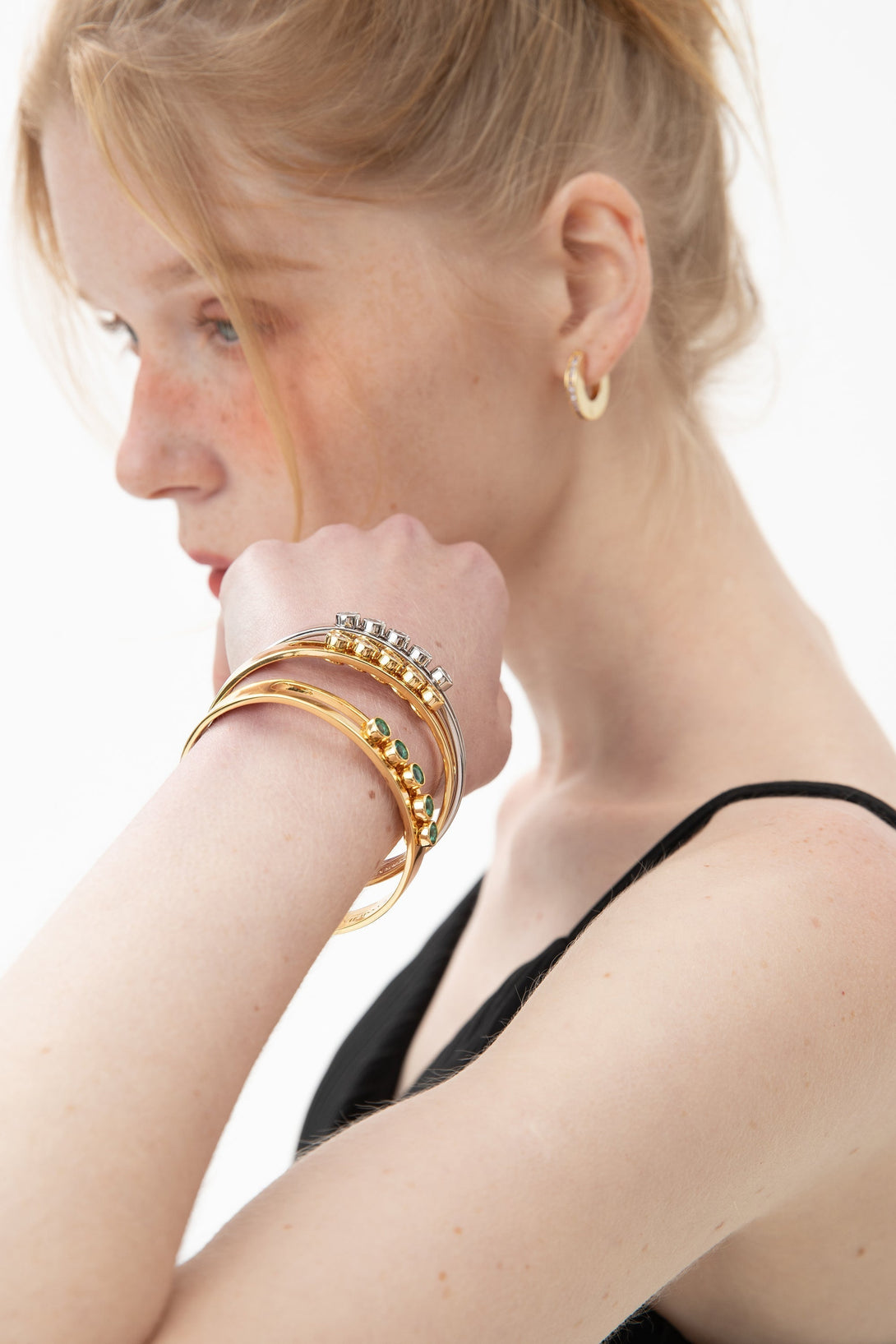 Audrey Gold Twinkling Aquamarine Zirconia Half Crescent Bangle Bracelet - Classicharms