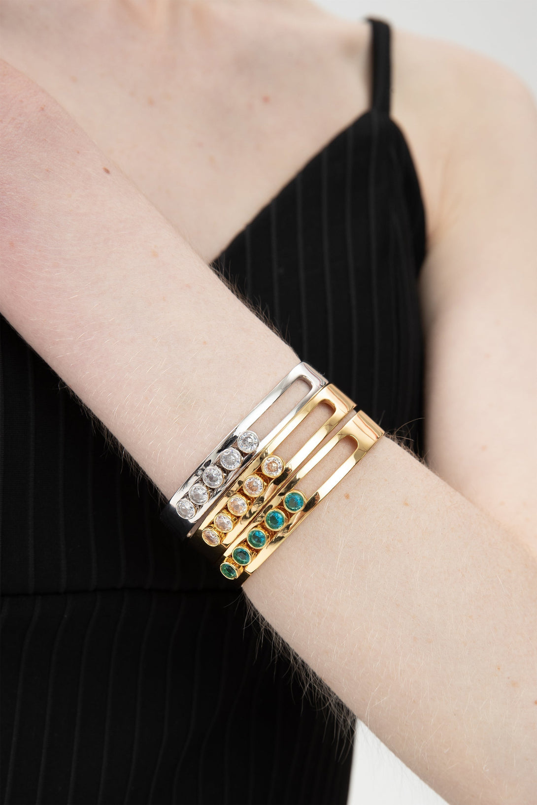 Audrey Gold Twinkling Aquamarine Zirconia Half Crescent Bangle Bracelet - Classicharms