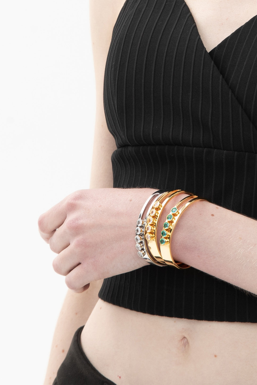 Audrey Gold Twinkling Clear Zirconia Half Crescent Bangle Bracelet - Classicharms