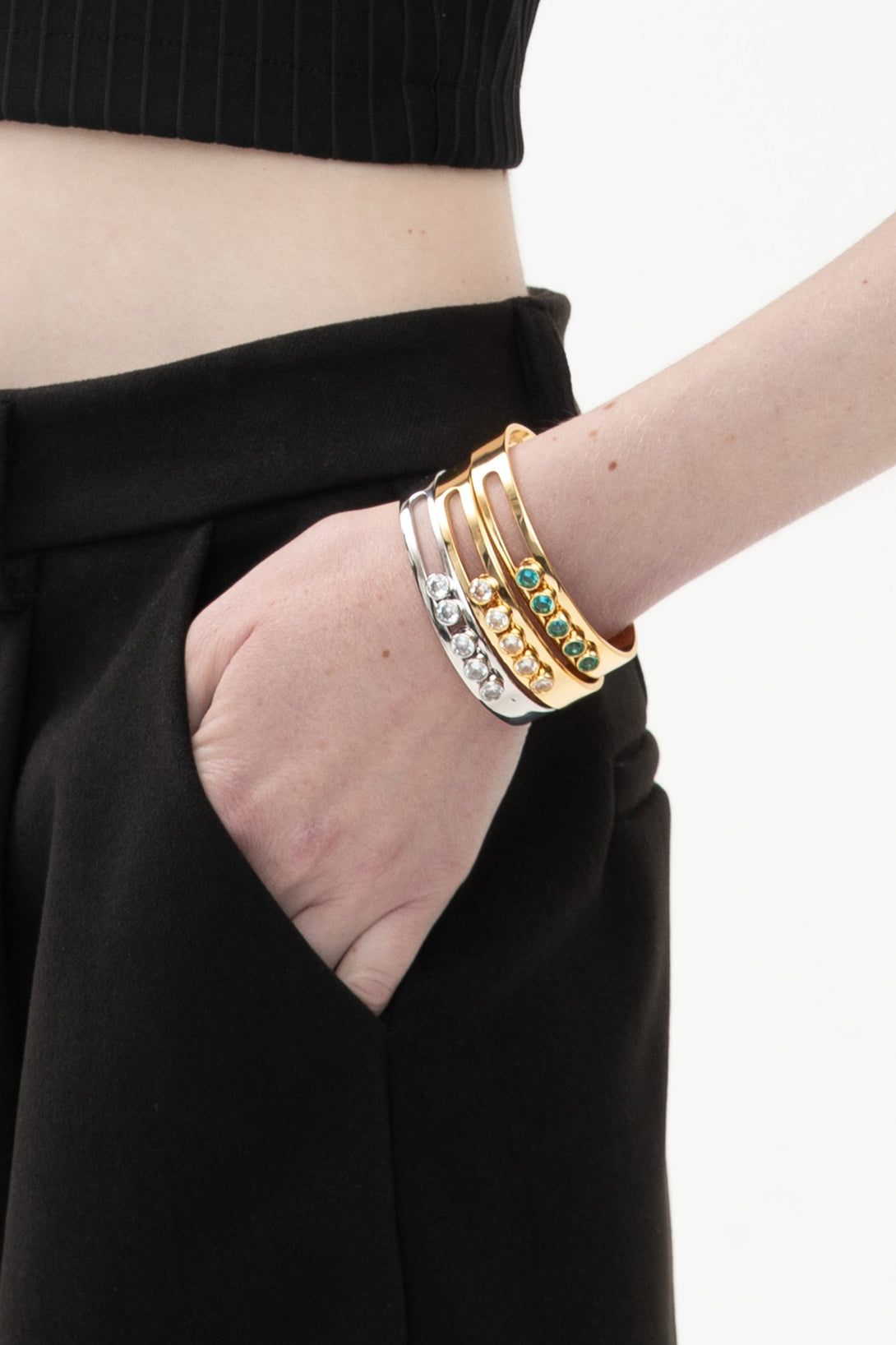 Audrey Gold Twinkling Clear Zirconia Half Crescent Bangle Bracelet - Classicharms