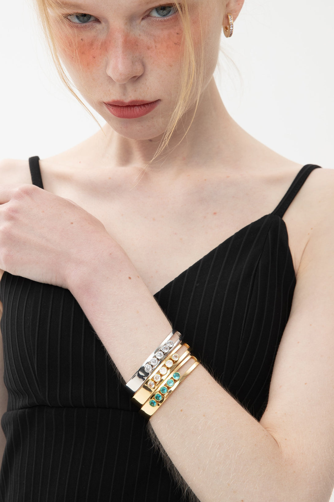 Audrey Silver Twinkling Clear Zirconia Half Crescent Bangle Bracelet - Classicharms
