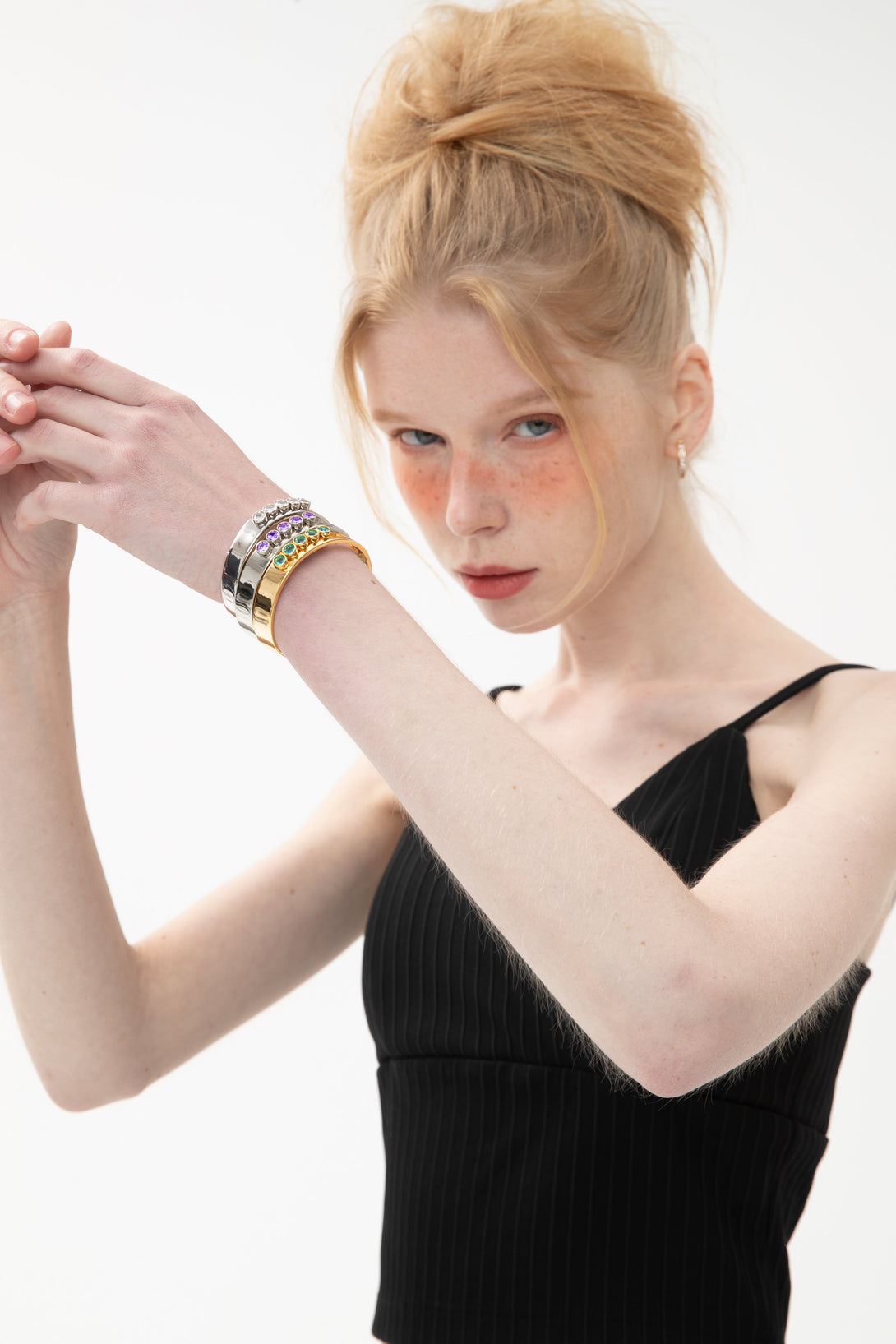Audrey Silver Twinkling Purple Zirconia Half Crescent Bangle Bracelet - Classicharms