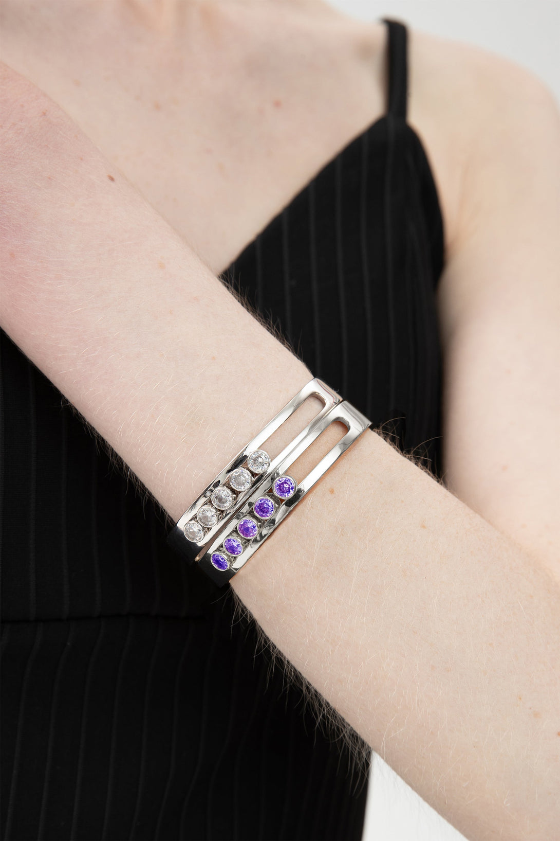 Audrey Silver Twinkling Purple Zirconia Half Crescent Bangle Bracelet - Classicharms