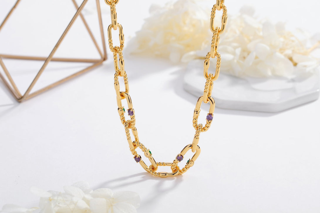 Double Colored Zirconia Gold Chain Necklace - Classicharms