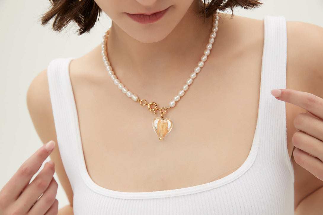 Esmée Amber Glaze Heart Pendant Pearl Necklace - Classicharms