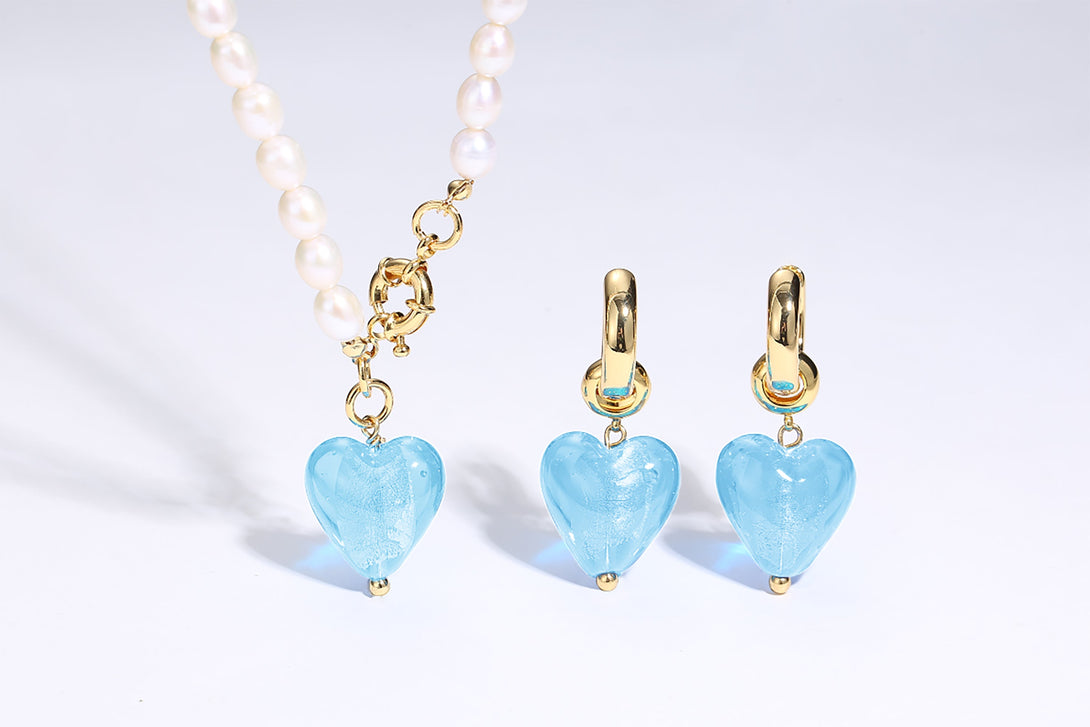 Esmée Aquamarine Glaze Heart Pendant Pearl Necklace - Classicharms