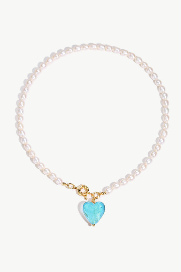 Esmée Aquamarine Glaze Heart Pendant Pearl Necklace - Classicharms