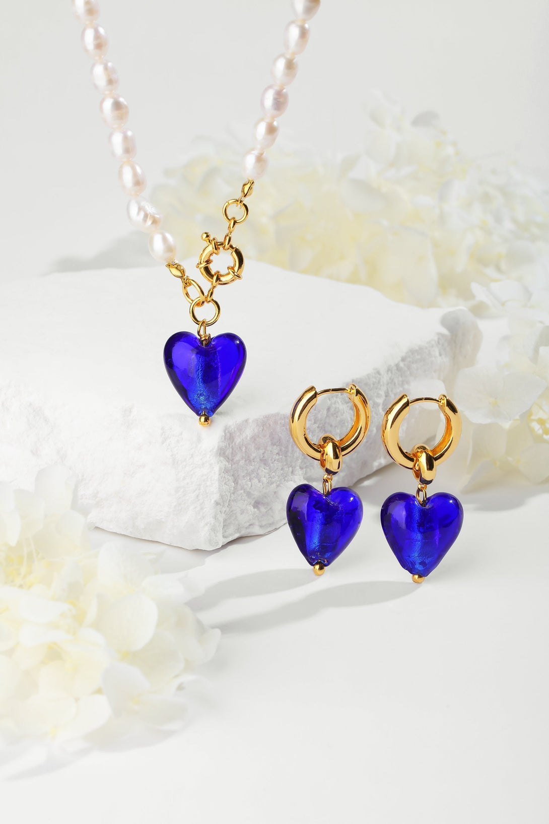 Esmée Blue Glaze Heart Pendant Pearl Necklace and Earrings Set - Classicharms