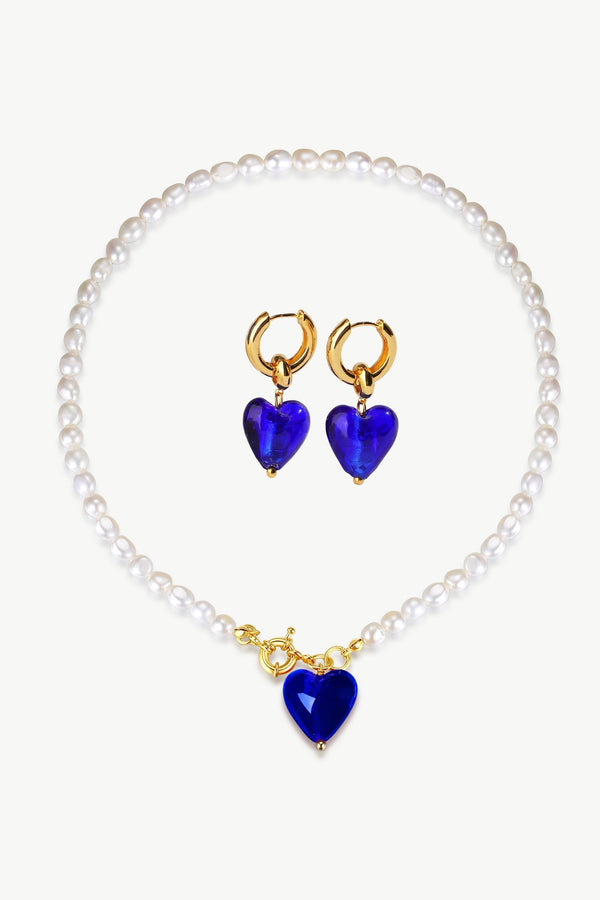 Esmée Blue Glaze Heart Pendant Pearl Necklace and Earrings Set - Classicharms