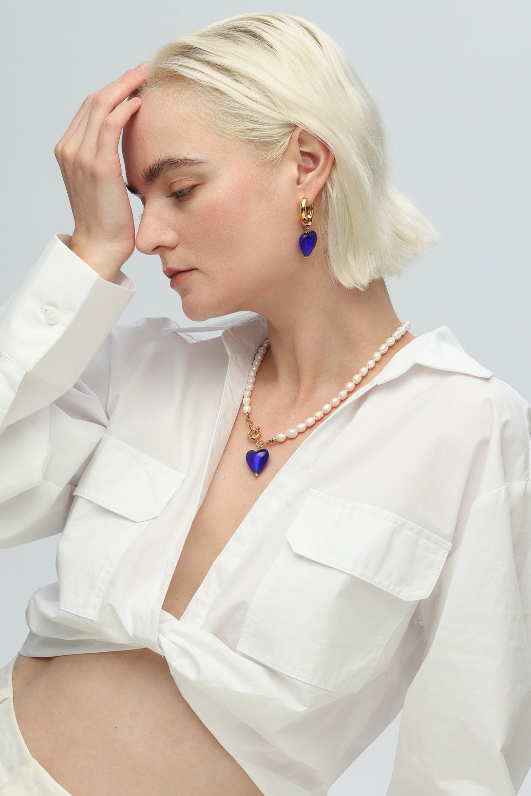 Esmée Blue Glaze Heart Pendant Pearl Necklace - Classicharms