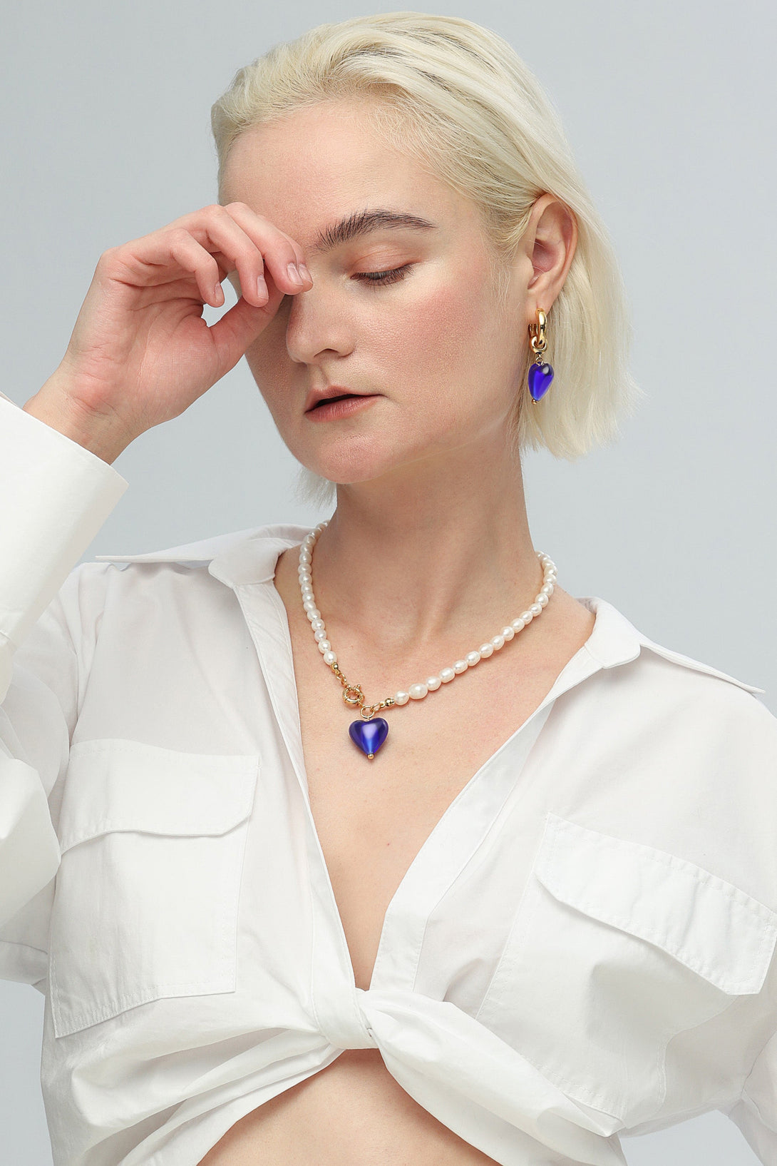 Esmée Blue Glaze Heart Pendant Pearl Necklace - Classicharms