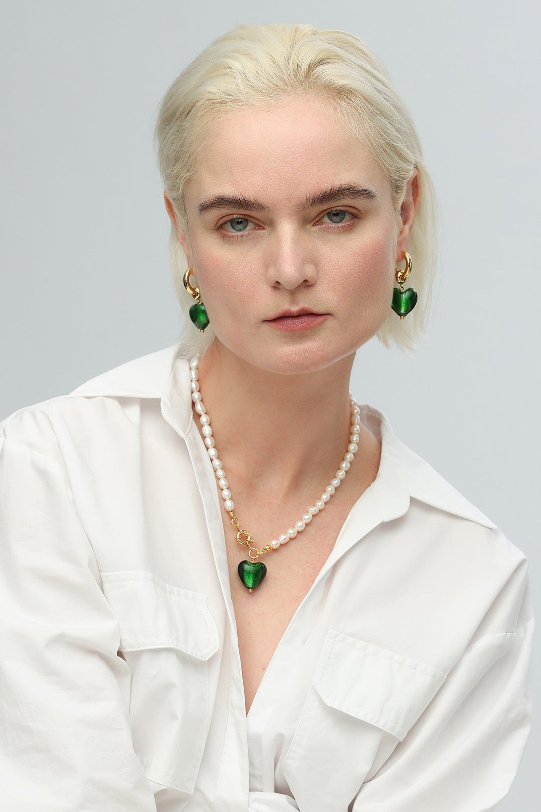 Esmée Green Glaze Heart Pendant Pearl Necklace and Earrings Set - Classicharms