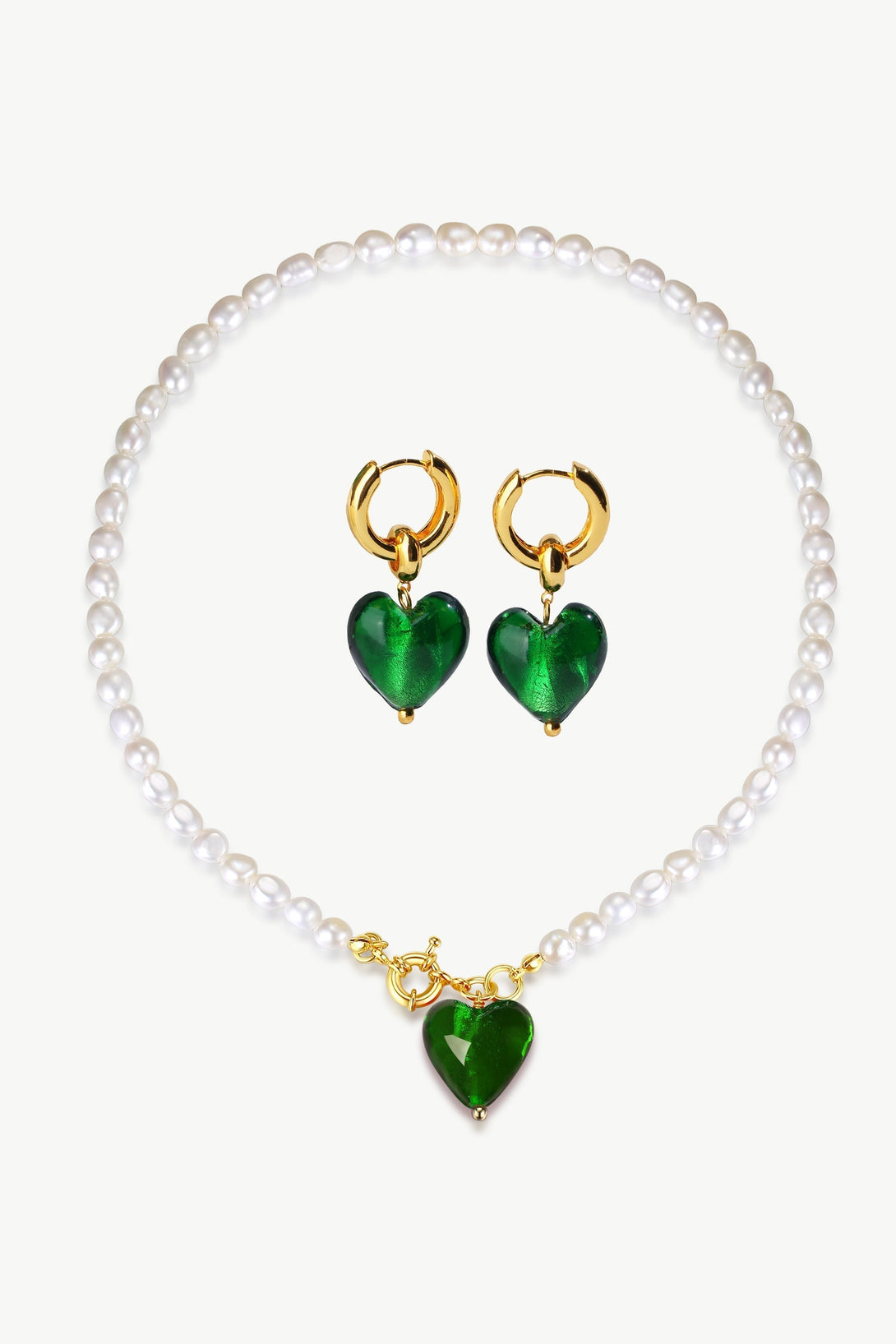 Esmée Green Glaze Heart Pendant Pearl Necklace and Earrings Set - Classicharms