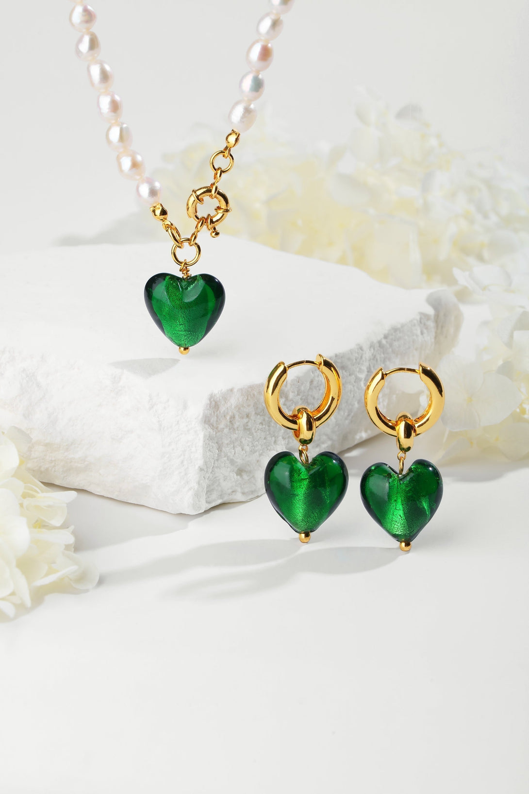 Esmée Green Glaze Heart Pendant Pearl Necklace and Earrings Set - Classicharms