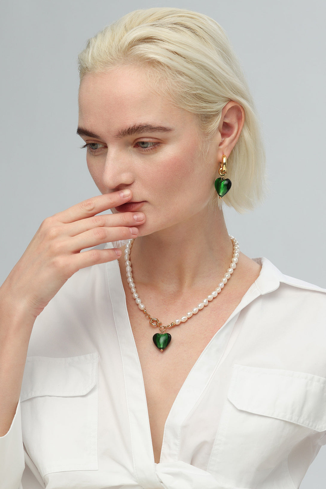 Esmée Green Glaze Heart Pendant Pearl Necklace and Earrings Set - Classicharms