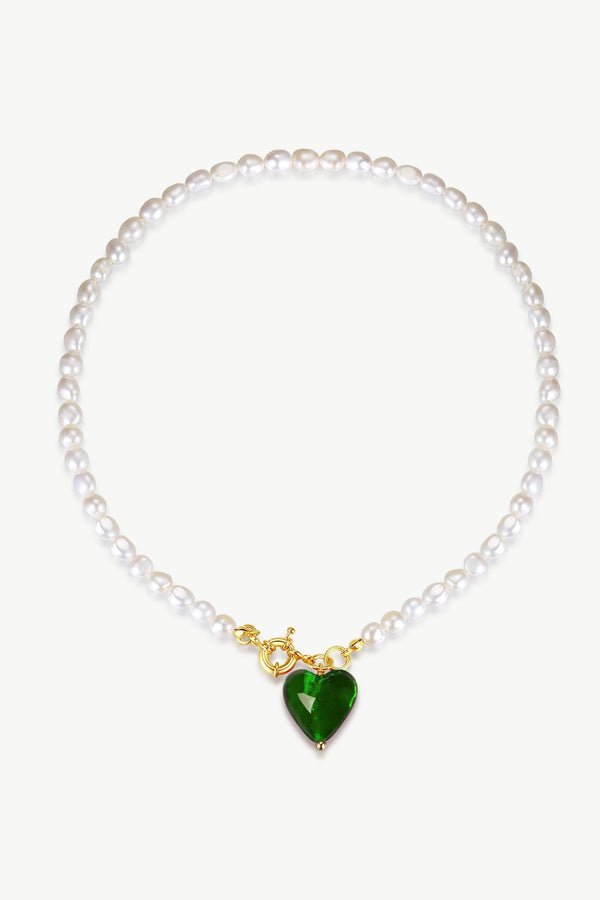 Esmée Green Glaze Heart Pendant Pearl Necklace - Classicharms