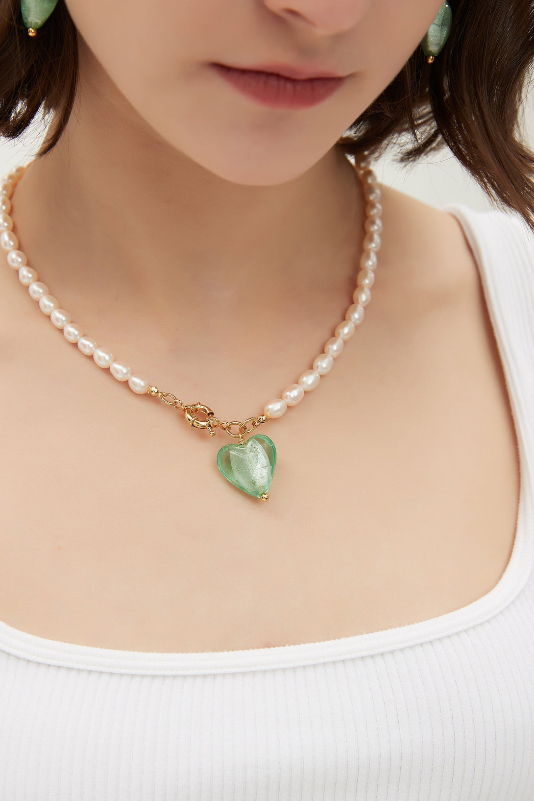 Esmée Lime Green Glaze Heart Pendant Pearl Necklace - Classicharms