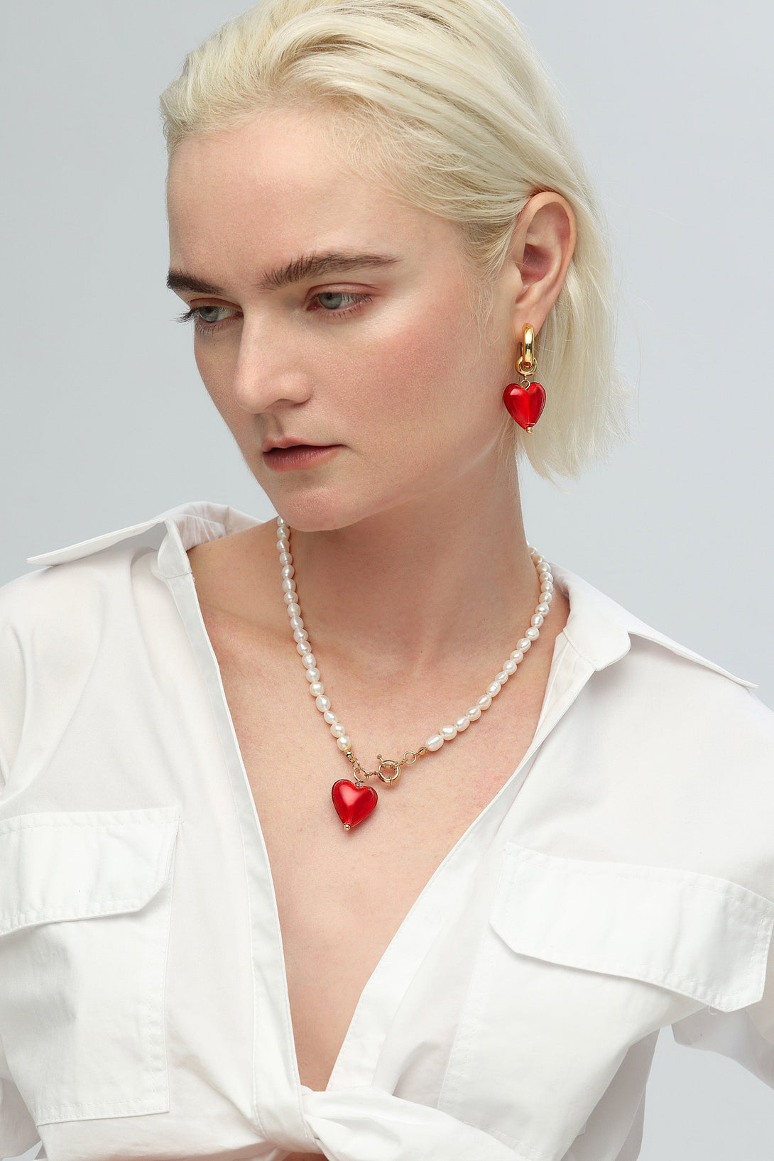 Esmée Red Glaze Heart Pendant Pearl Necklace and Earrings Set - Classicharms