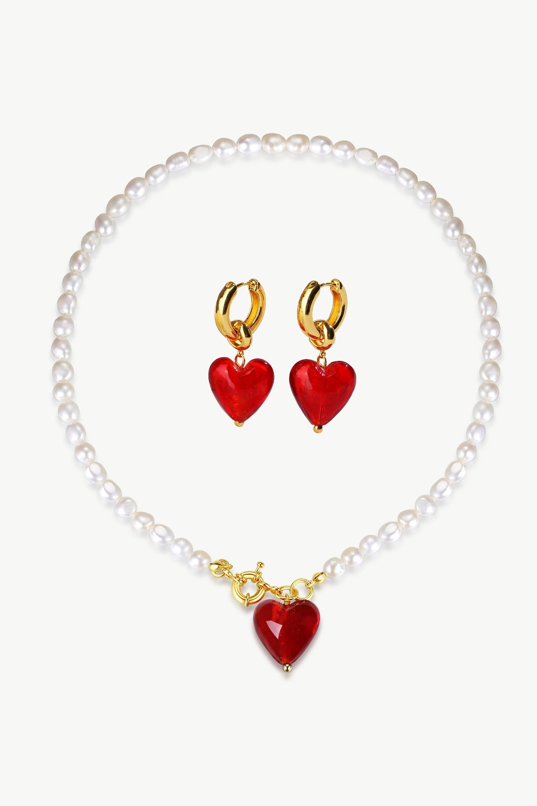 Esmée Red Glaze Heart Pendant Pearl Necklace and Earrings Set - Classicharms