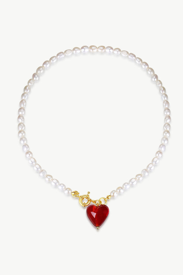 Esmée Red Glaze Heart Pendant Pearl Necklace - Classicharms