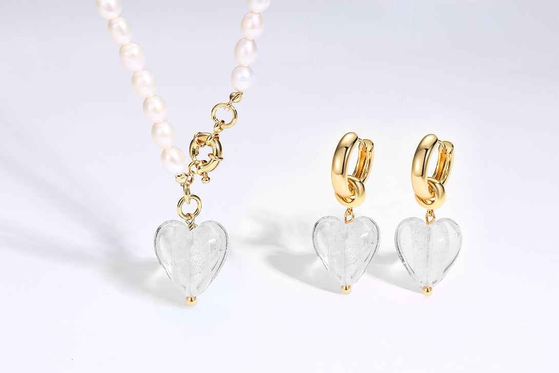 Esmée White Clear Glaze Heart Pendant Pearl Necklace - Classicharms