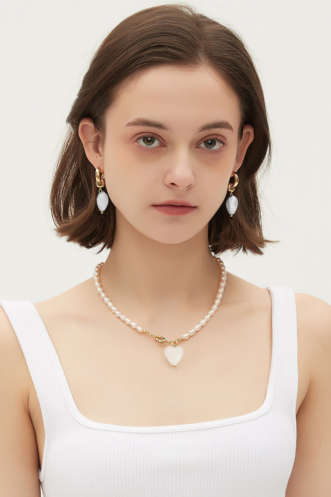 Esmée White Clear Glaze Heart Pendant Pearl Necklace - Classicharms