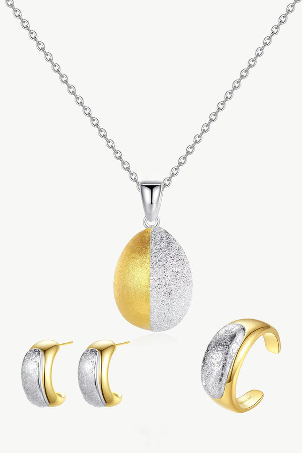 Frosted and Matted Texture Two Tone Pendant Necklace, Earrings and Ring Set - Classicharms