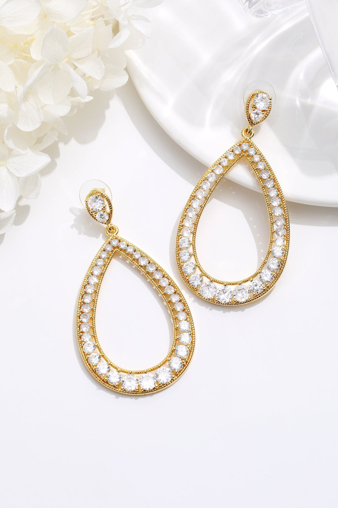Gold Artisanal Pavé Hollow Teardrop Earrings - Classicharms