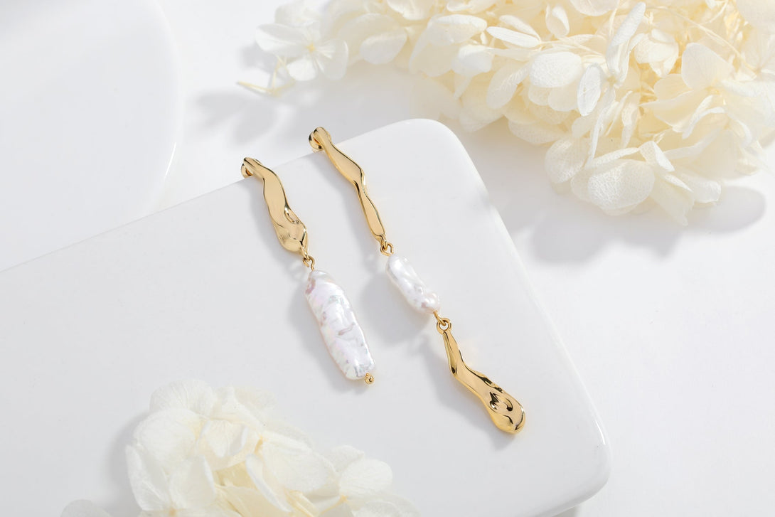 Gold Asymmetrical Molten Baroque Pearl Earrings - Classicharms