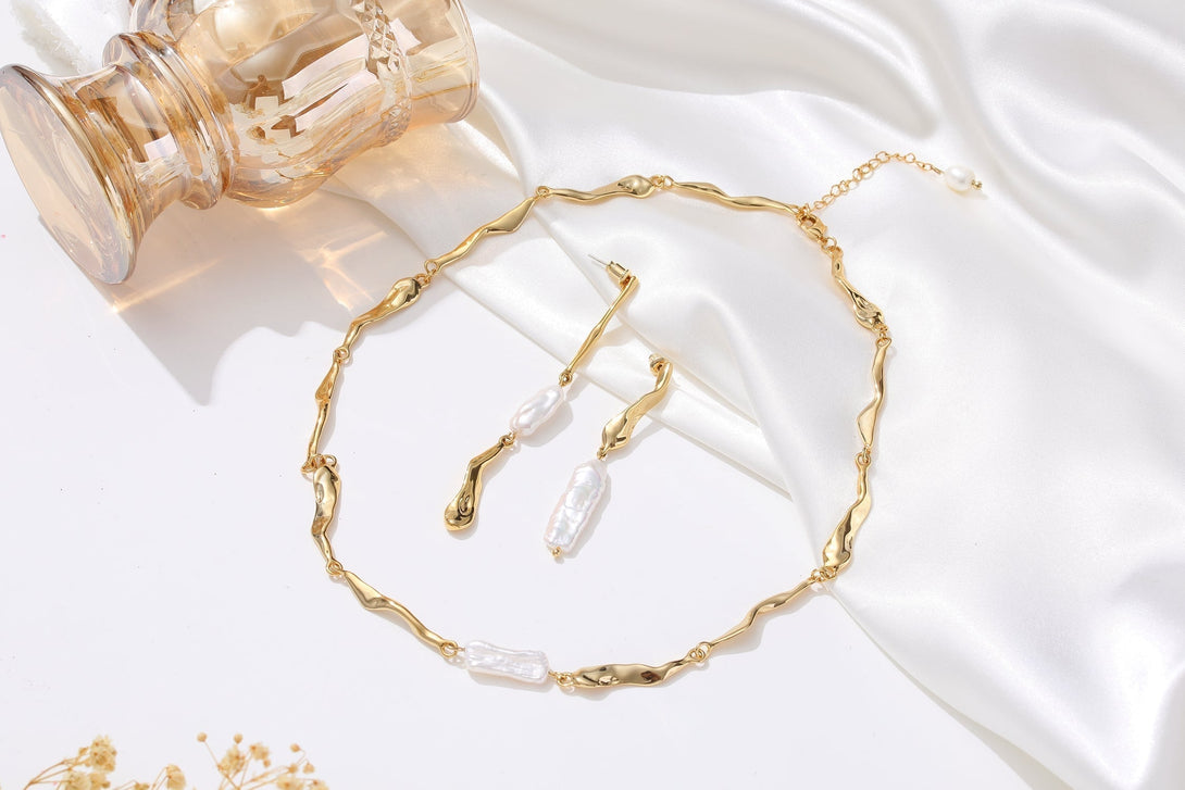 Gold Asymmetrical Molten Baroque Pearl Earrings - Classicharms