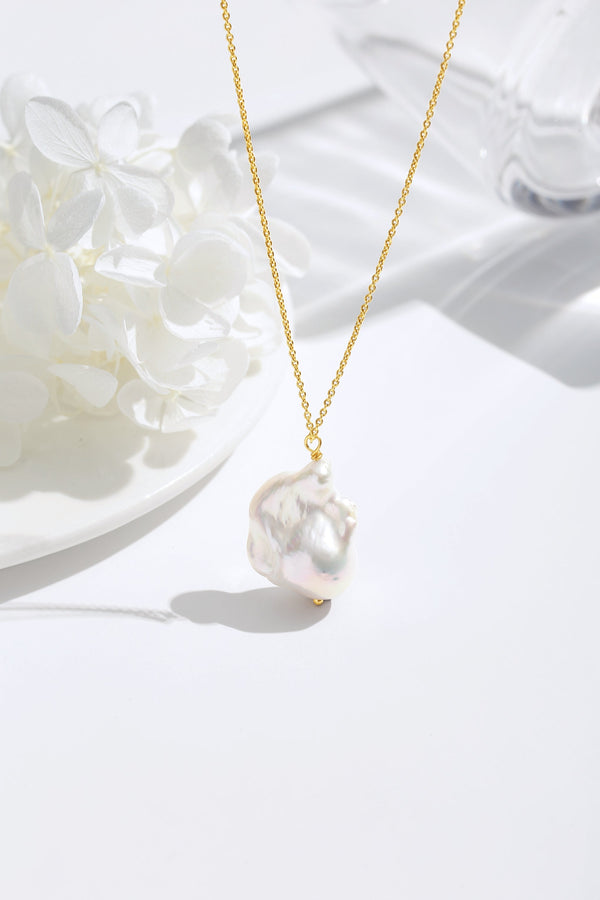Gold Baroque Pearl Solitaire Pendant Necklace - Classicharms