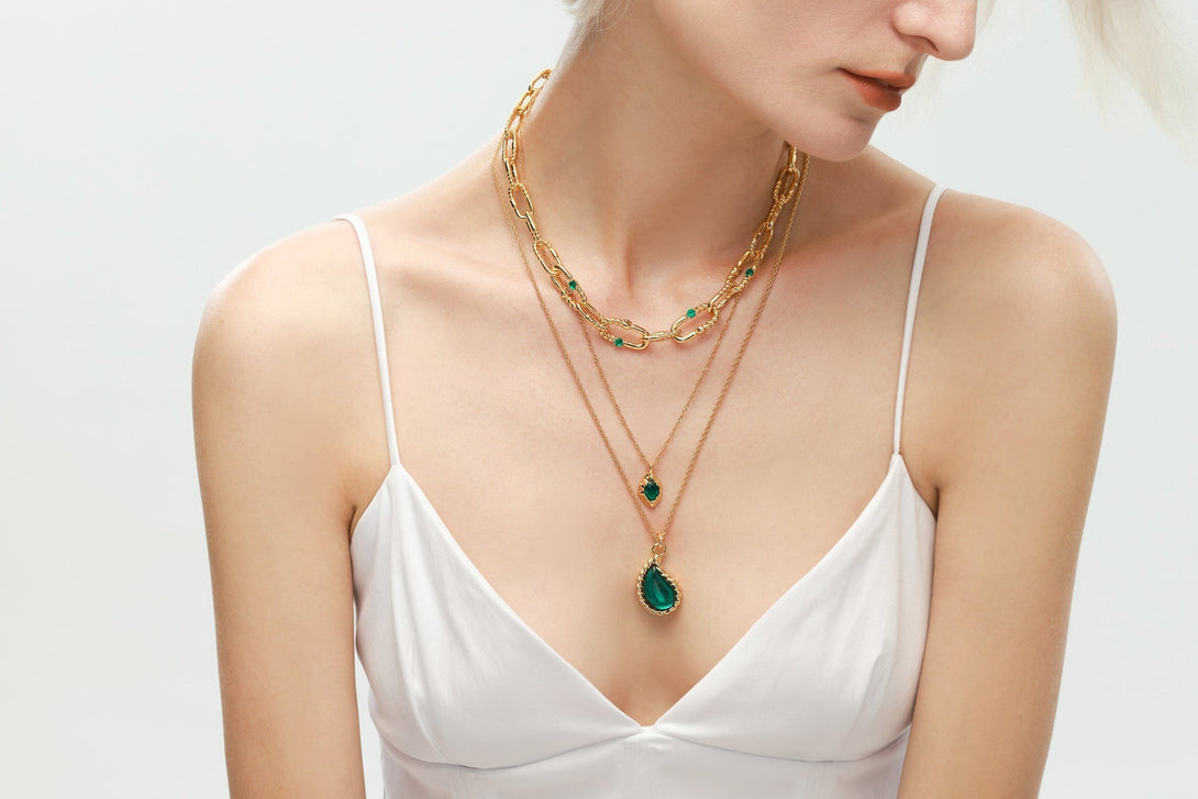 Gold Chain Drop Shape Emerald Pendant Necklace - Classicharms