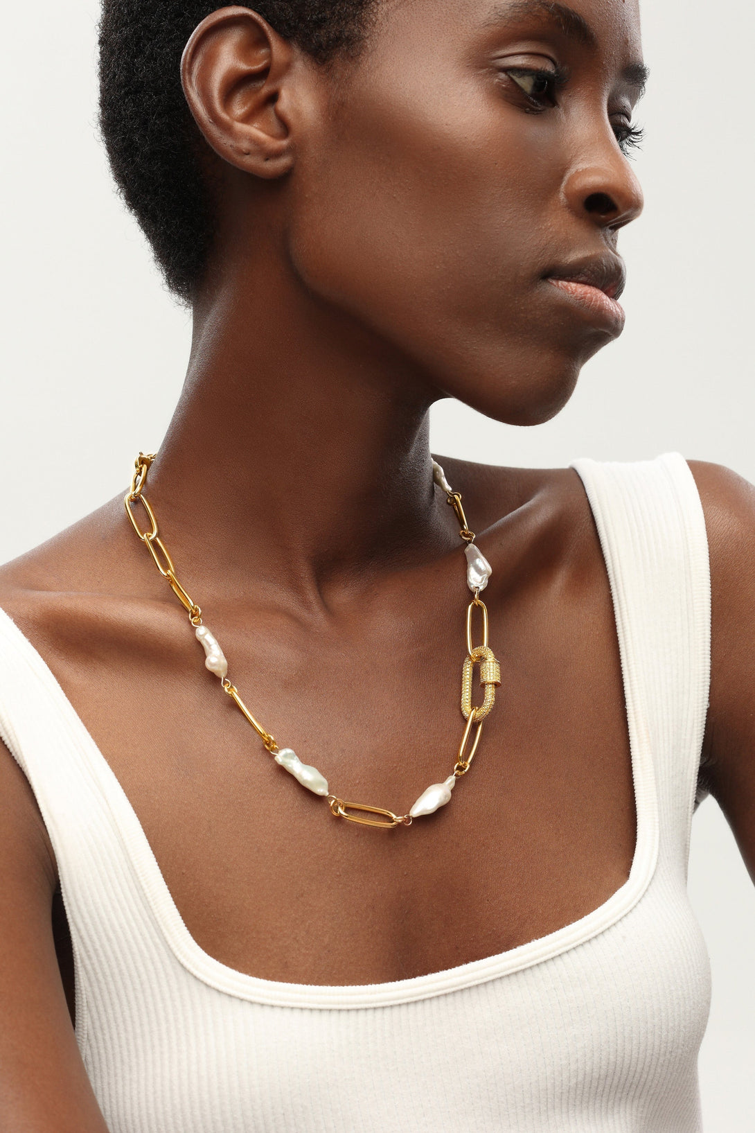 Gold Gem-Encrusted Carabiner Lock Pendant Natural Baroque Pearl Necklace - Classicharms