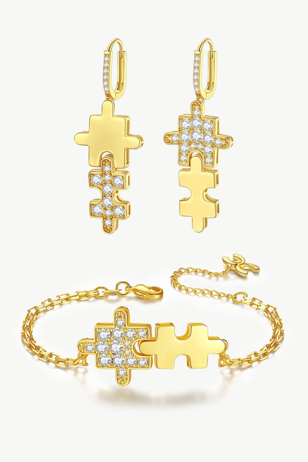 Gold Jigsaw Puzzle Drop Earrings and Bracelet Set - Classicharms