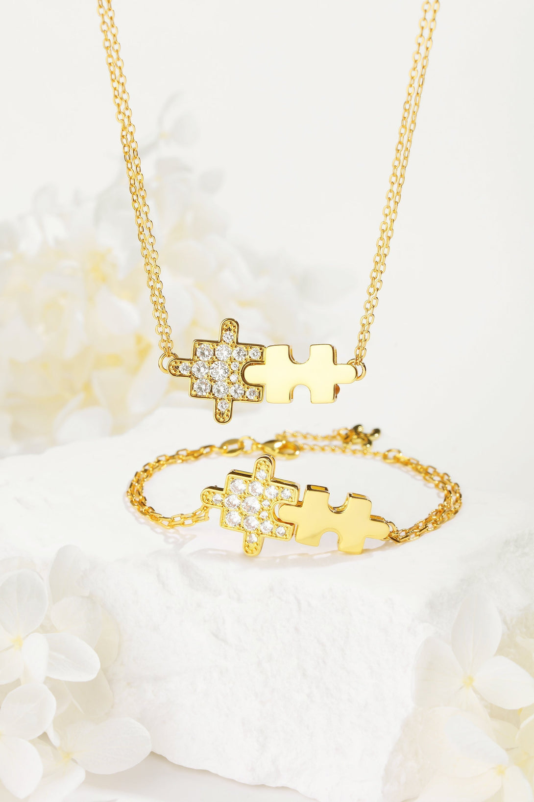 Gold Jigsaw Puzzle Drop Earrings and Bracelet Set - Classicharms