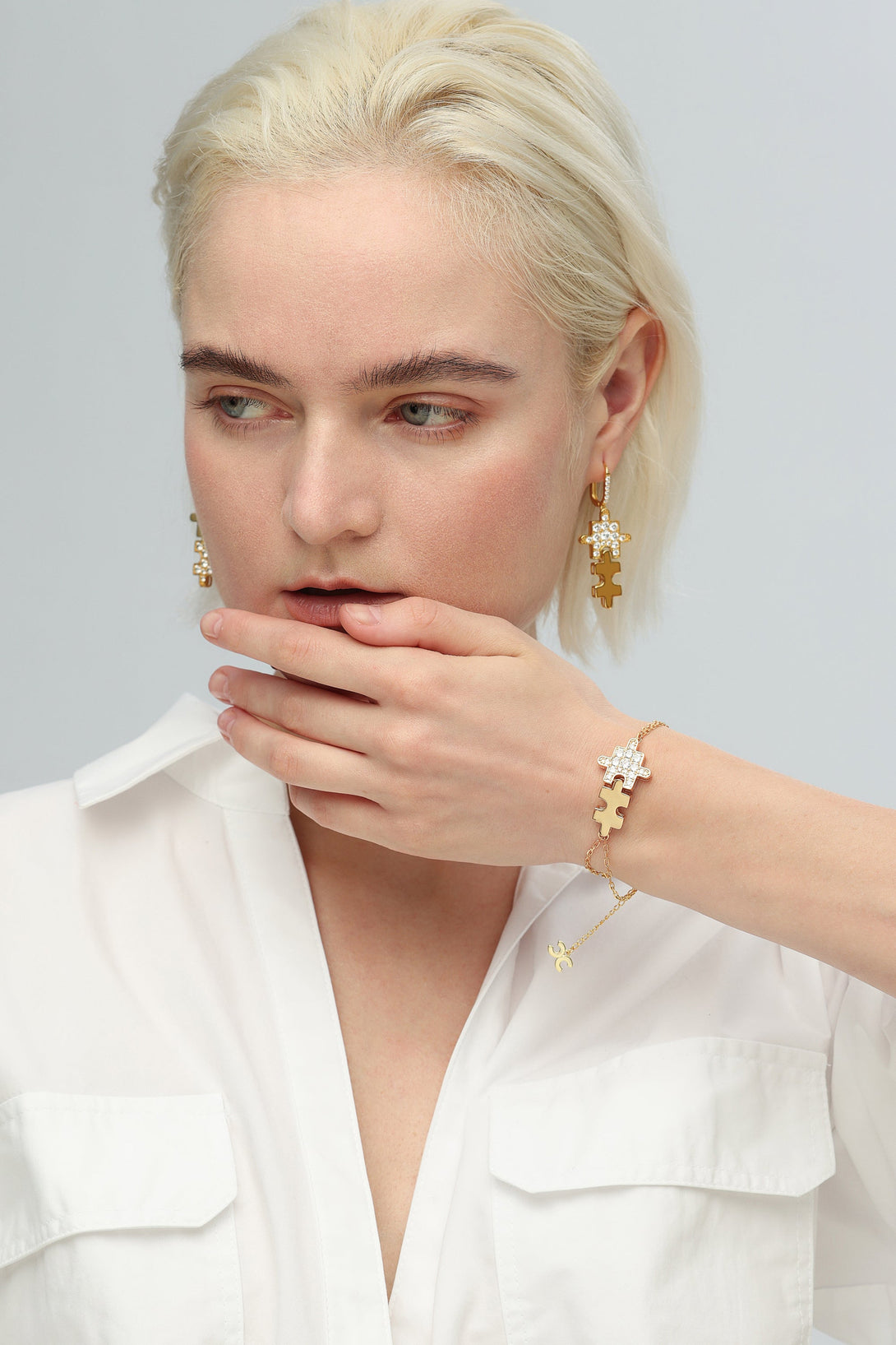 Gold Jigsaw Puzzle Drop Earrings and Bracelet Set - Classicharms