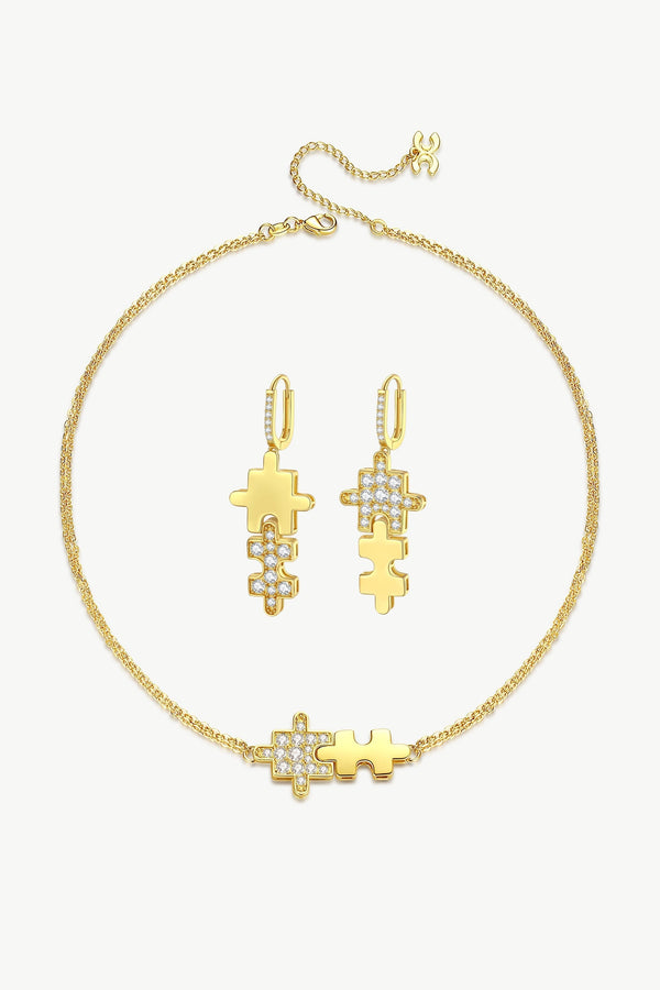 Gold Jigsaw Puzzle Necklace and Earrings Set - Classicharms