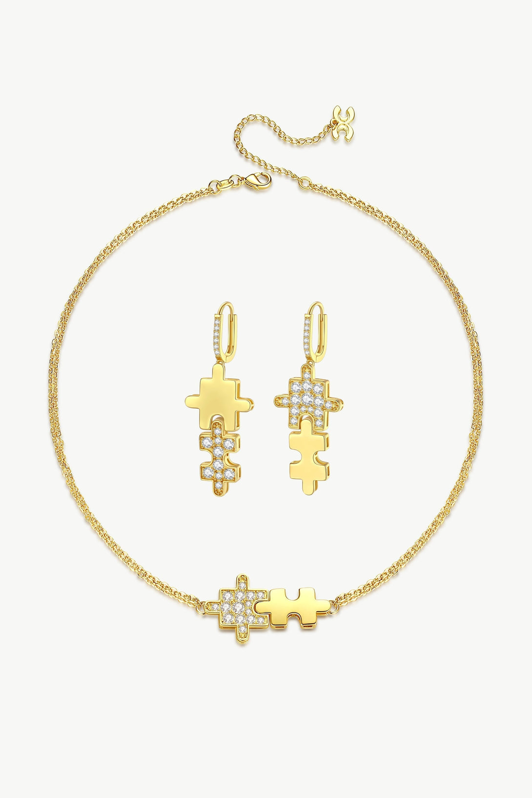 Gold Jigsaw Puzzle Necklace and Earrings Set - Classicharms