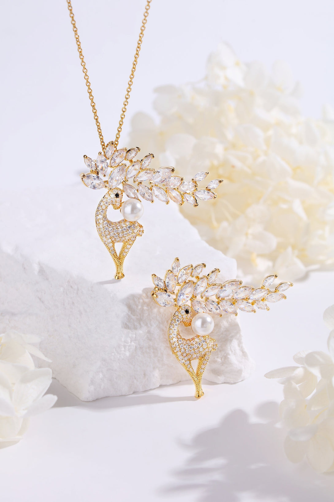 Gold Pavé and Pearl Reindeer Brooch Necklace Set - Classicharms