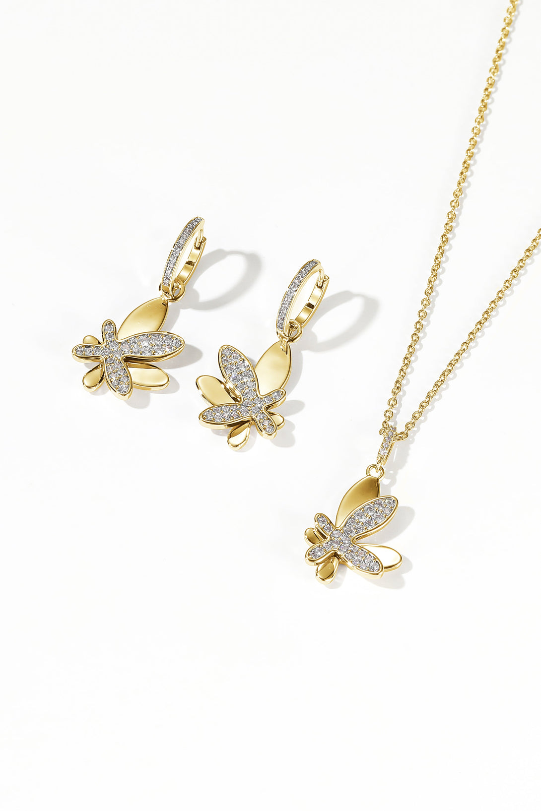 Gold Pavé Diamond Butterfly Dangle Drop Hoop Earrings - Classicharms